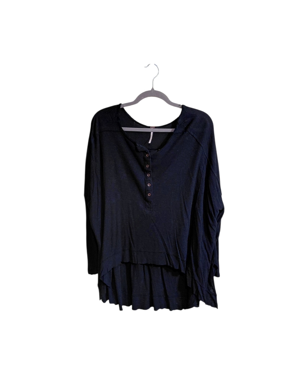 Free People Black Long-Sleeve Henley with Layered High-Low Hem
